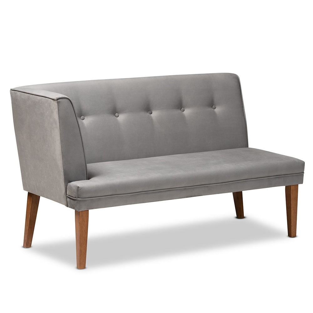 Stewart Mid-Century Modern Grey Velvet Upholstered and Walnut Brown Finished Wood 3-Piece Dining Nook Set