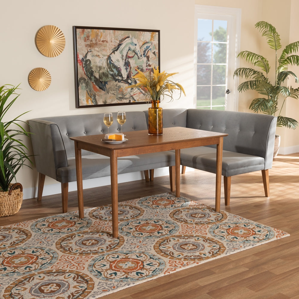 Stewart Mid-Century Modern Grey Velvet Upholstered and Walnut Brown Finished Wood 3-Piece Dining Nook Set