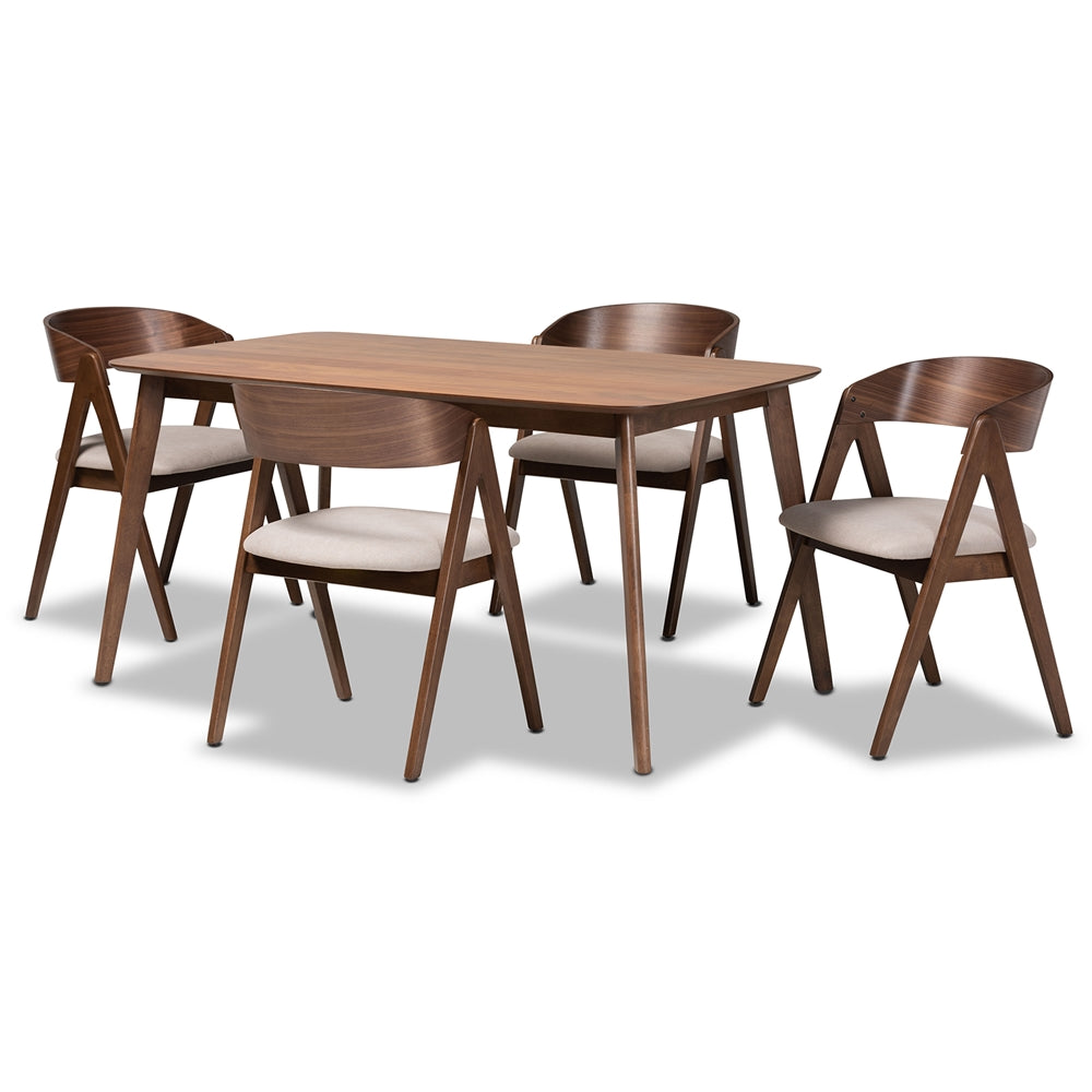 Danton Mid-Century Modern Beige Fabric Upholstered and Walnut Brown Finished Wood 5-Piece Dining Set