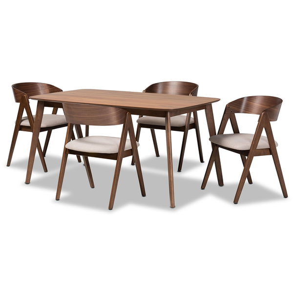 Danton Mid-Century Modern Beige Fabric Upholstered and Walnut Brown Finished Wood 5-Piece Dining Set