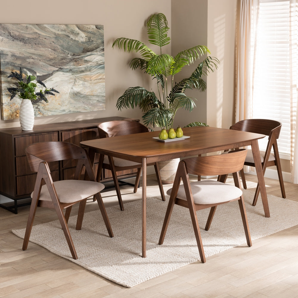 Danton Mid-Century Modern Beige Fabric Upholstered and Walnut Brown Finished Wood 5-Piece Dining Set