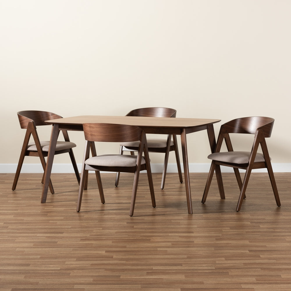 Danton Mid-Century Modern Beige Fabric Upholstered and Walnut Brown Finished Wood 5-Piece Dining Set