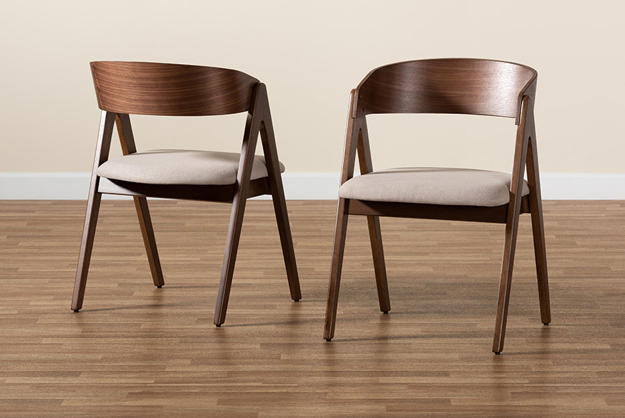 Danton Mid-Century Modern Beige Fabric Upholstered and Walnut Brown Finished Wood 2-Piece Dining Chair Set