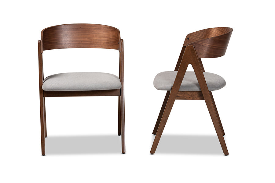 Danton Mid-Century Modern Grey Fabric Upholstered and Walnut Brown Finished Wood 2-Piece Dining Chair Set