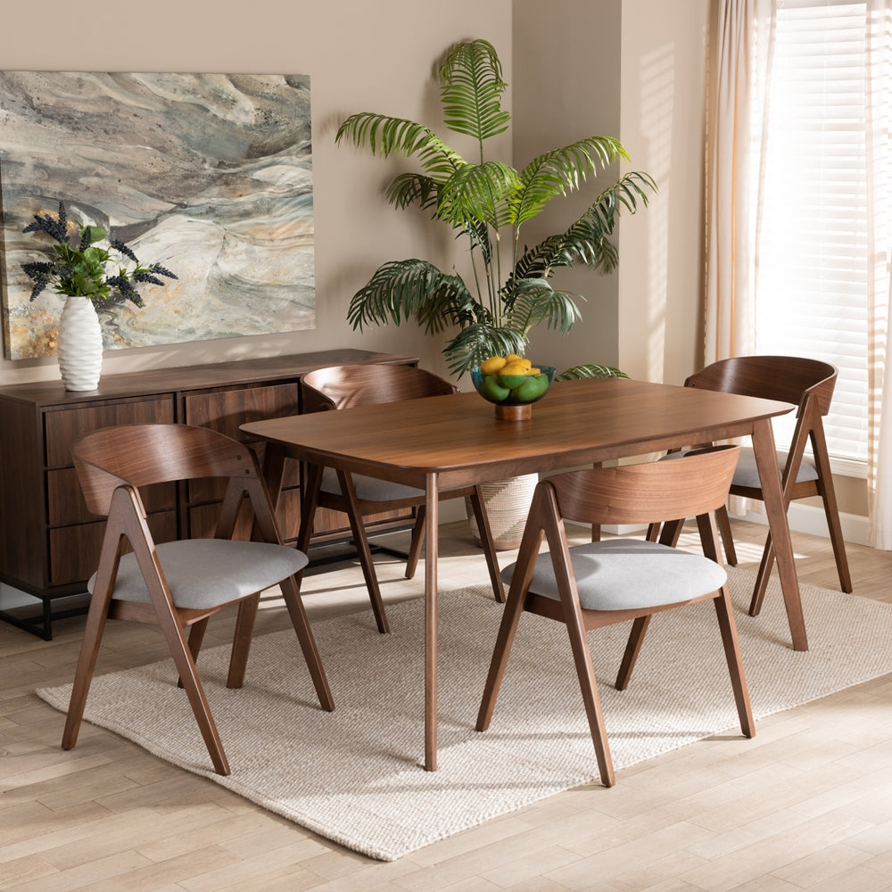 Danton Mid-Century Modern Grey Fabric Upholstered and Walnut Brown Finished Wood 5-Piece Dining Set