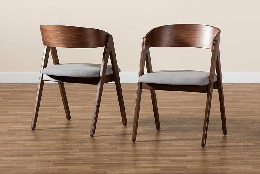 Danton Mid-Century Modern Grey Fabric Upholstered and Walnut Brown Finished Wood 2-Piece Dining Chair Set
