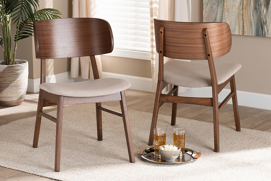 Alston Mid-Century Modern Beige Fabric Upholstered and Walnut Brown Finished Wood 2-Piece Dining Chair Set