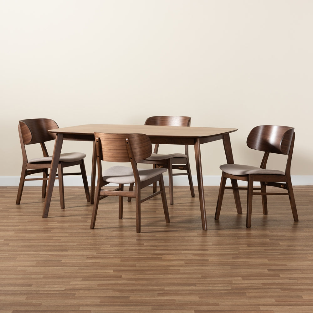 Alston Mid-Century Modern Beige Fabric Upholstered and Walnut Brown Finished Wood 5-Piece Dining Set