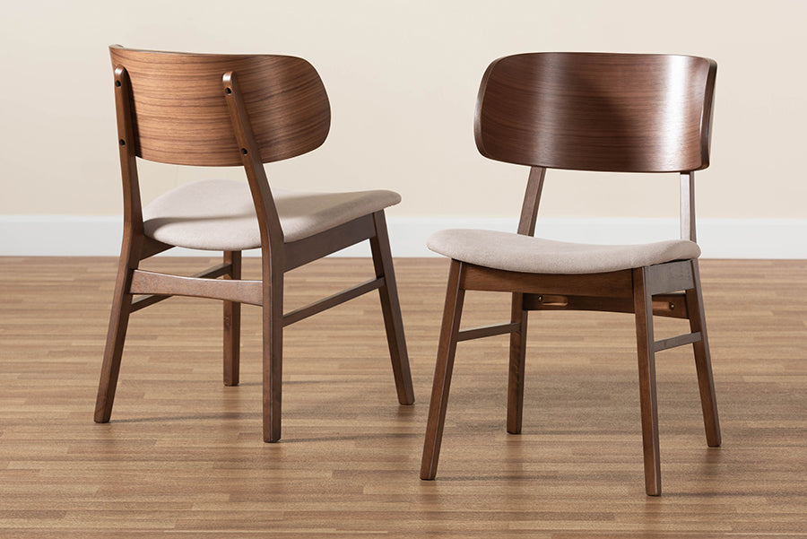 Alston Mid-Century Modern Beige Fabric Upholstered and Walnut Brown Finished Wood 2-Piece Dining Chair Set