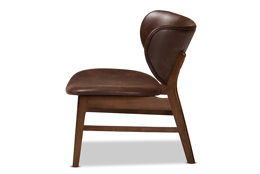 Marcos Mid-Century Modern Dark Brown Faux Leather Effect and Walnut Brown Finished Wood Living Room Accent Chair