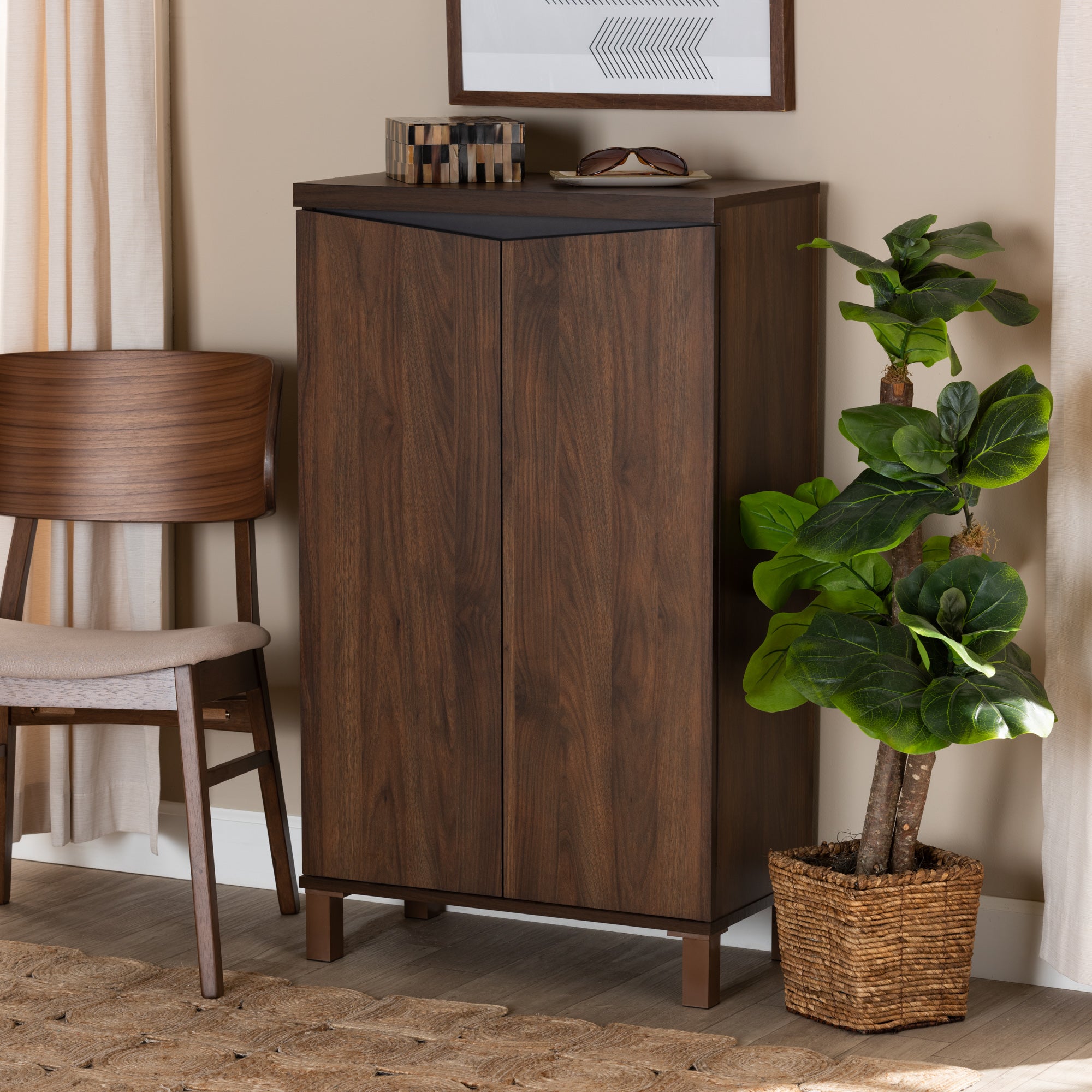 Talon Modern and Contemporary Two-Tone Walnut Brown and Dark Grey Finished Wood 2-Door Shoe Storage Cabinet