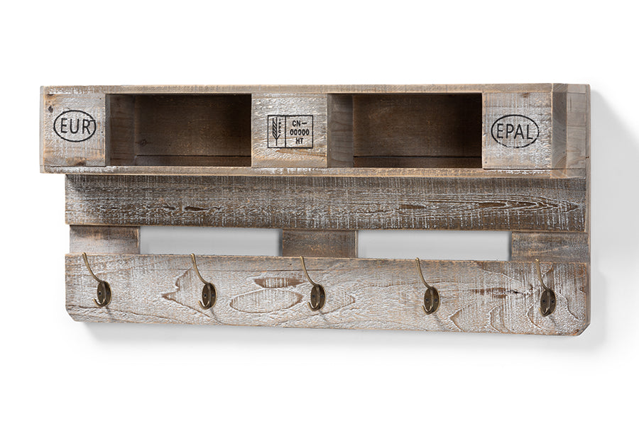 Ferguson Vintage Rustic Whitewashed Grey Oak Finished Wood Wall Mounted Coat Rack with Shelves