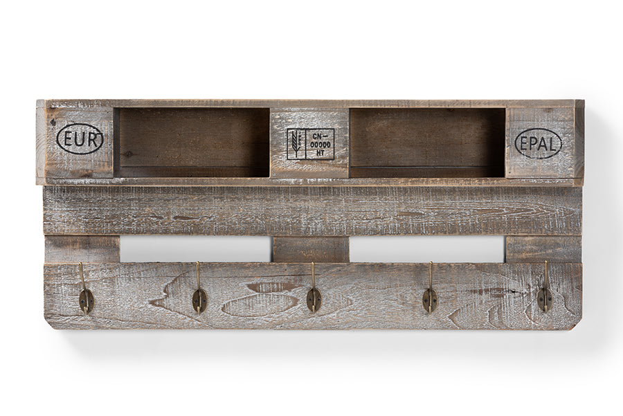 Ferguson Vintage Rustic Whitewashed Grey Oak Finished Wood Wall Mounted Coat Rack with Shelves