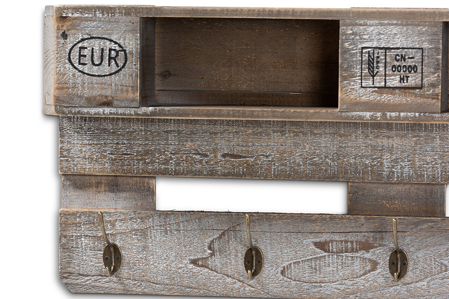 Ferguson Vintage Rustic Whitewashed Grey Oak Finished Wood Wall Mounted Coat Rack with Shelves