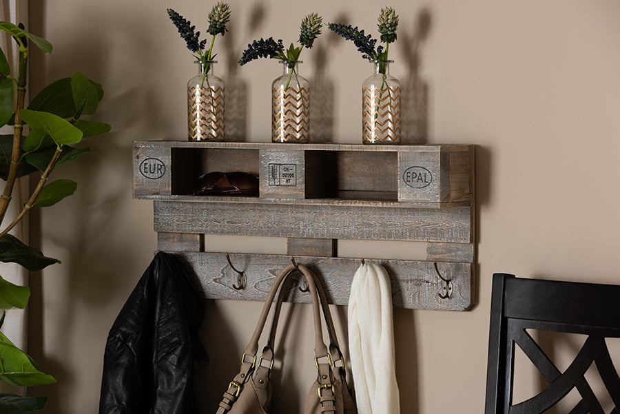 Ferguson Vintage Rustic Whitewashed Grey Oak Finished Wood Wall Mounted Coat Rack with Shelves