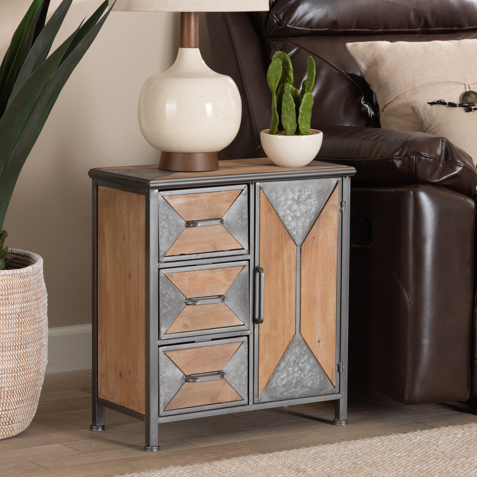 Laurel Rustic Industrial Antique Grey Finished Metal and Whitewashed Oak Brown Finished Wood 3-Drawer Accent Storage Cabinet