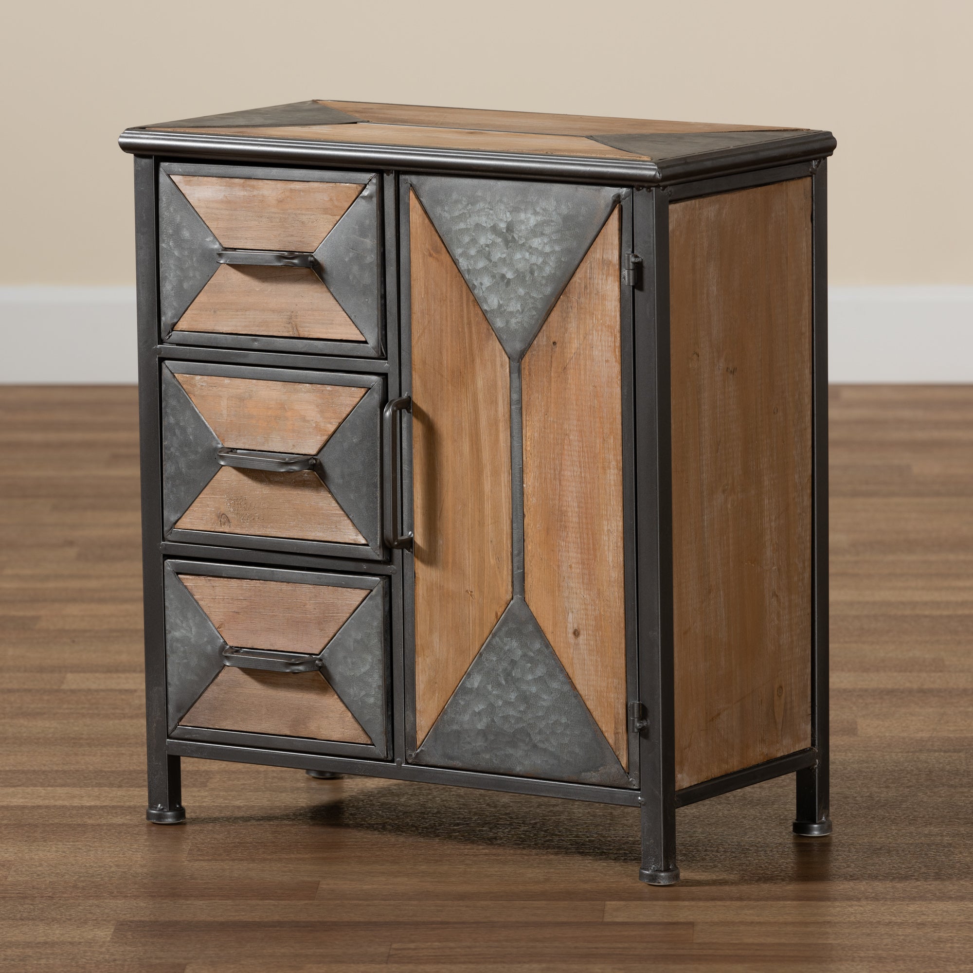 Laurel Rustic Industrial Antique Grey Finished Metal and Whitewashed Oak Brown Finished Wood 3-Drawer Accent Storage Cabinet