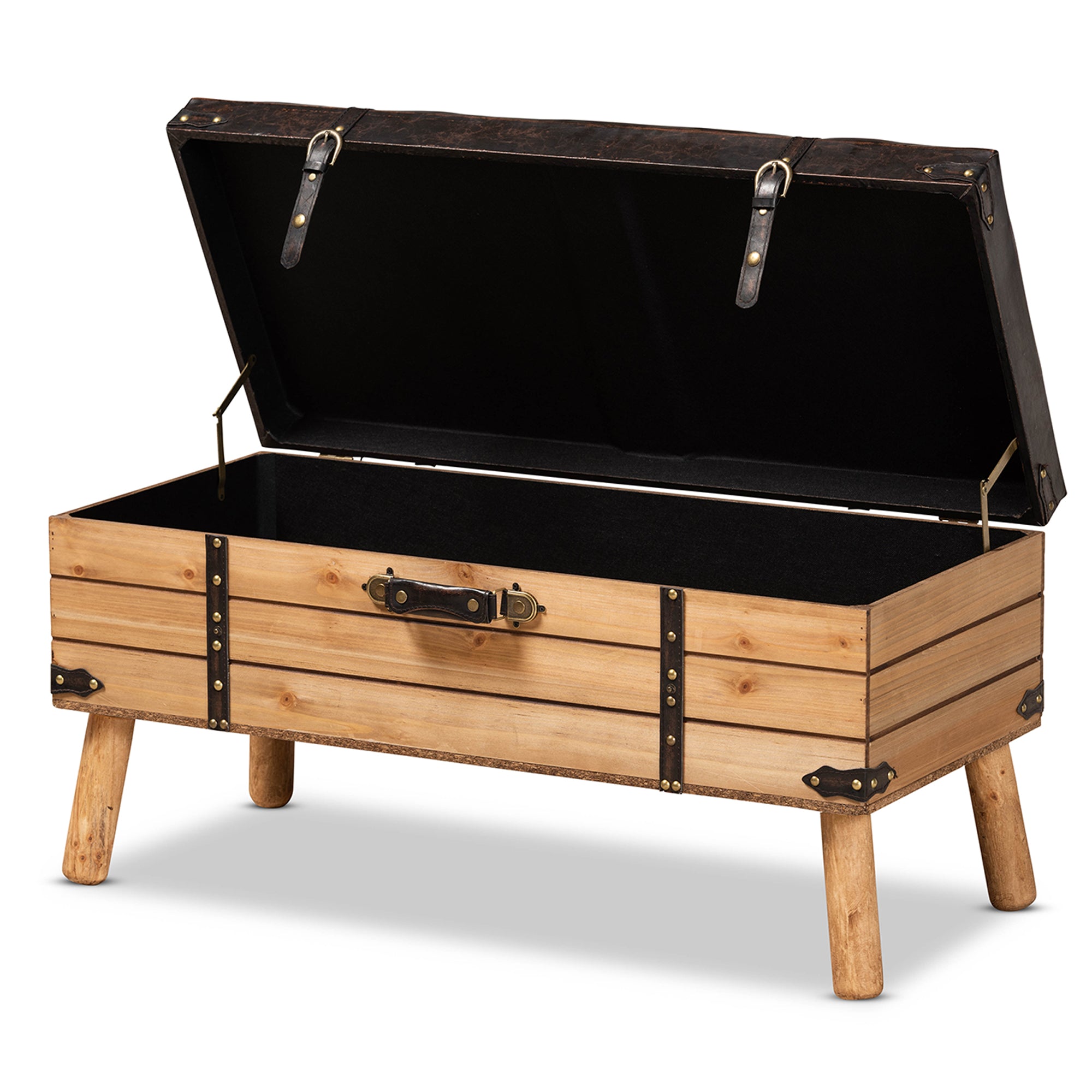 Amena Rustic Transitional Dark Brown PU Leather Upholstered and Oak Finished Wood Large Storage Ottoman