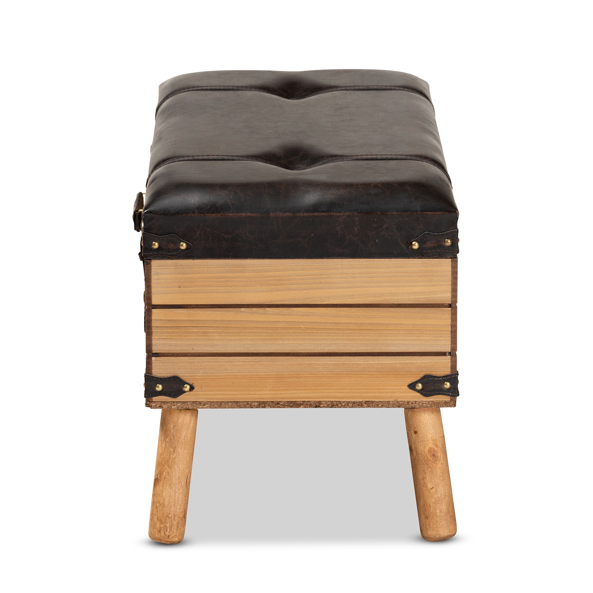 Amena Rustic Transitional Dark Brown PU Leather Upholstered and Oak Finished Wood Large Storage Ottoman