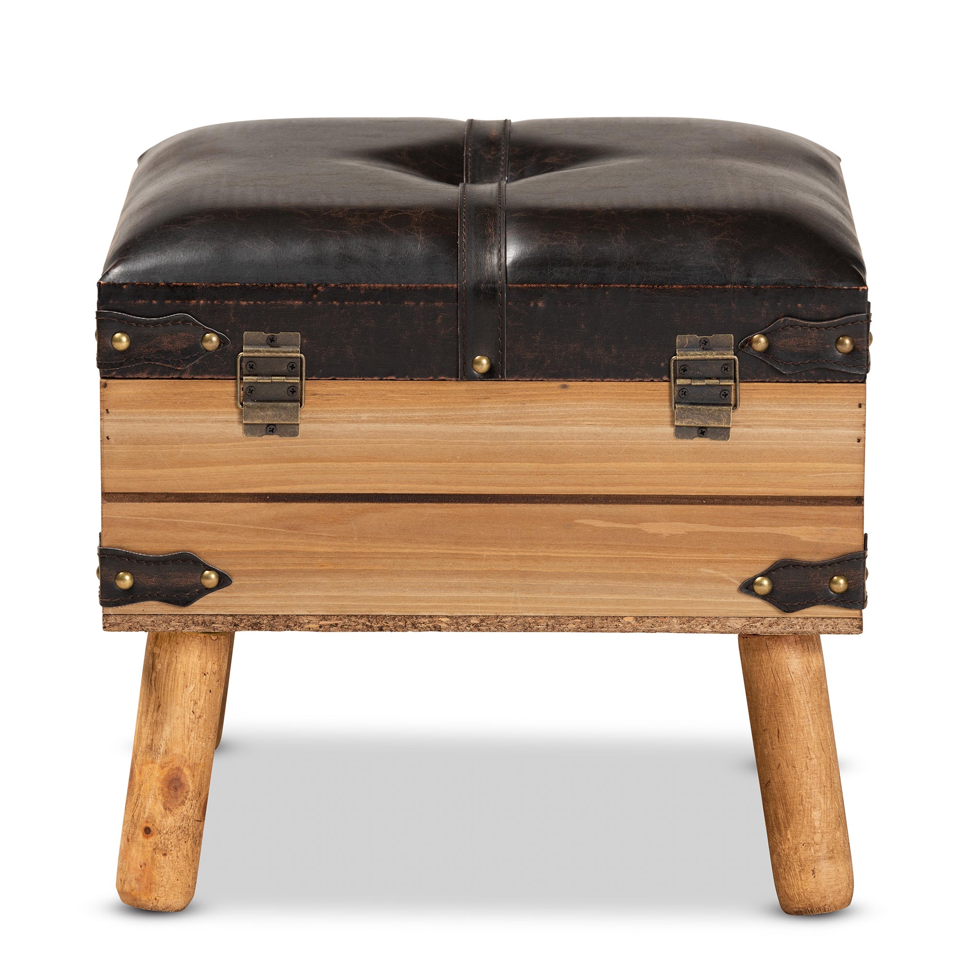 Amena Rustic Transitional Dark Brown PU Leather Upholstered and Oak Finished Wood Small Storage Ottoman