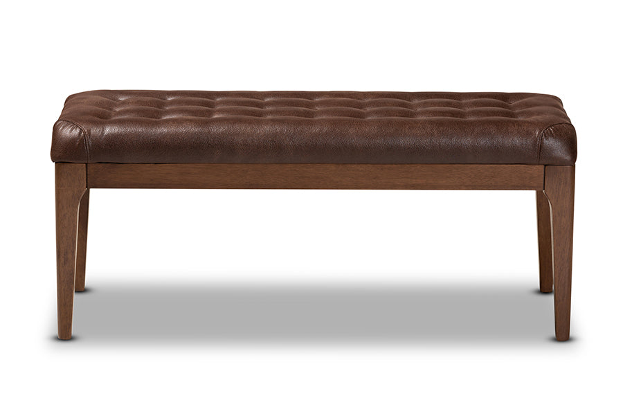 Walsh Mid-Century Modern Dark Brown Leather-Effect Polyester Fabric Upholstered and Walnut Brown Finished Wood Dining Bench
