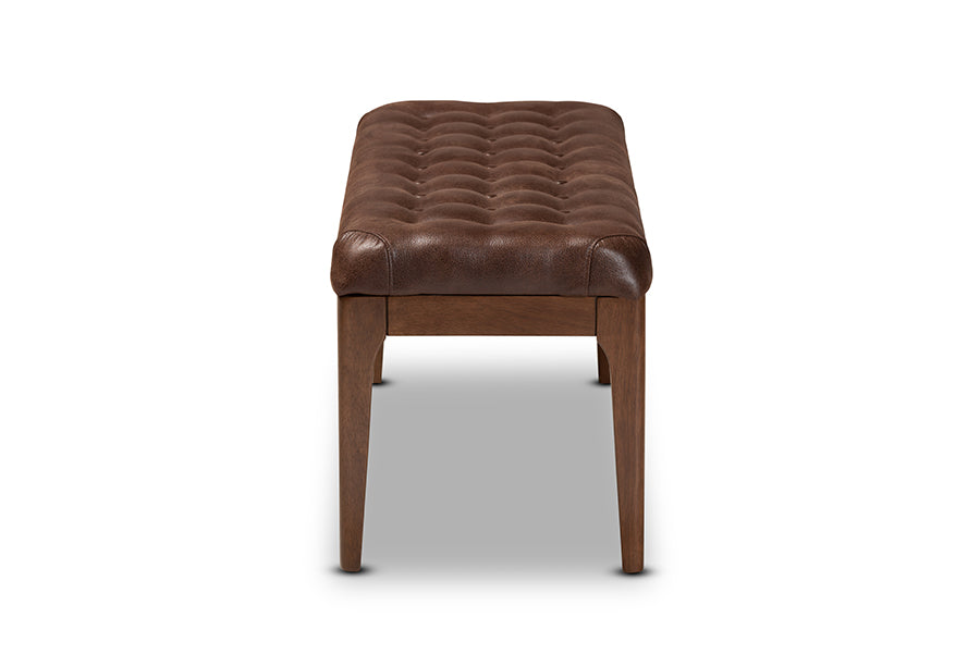 Walsh Mid-Century Modern Dark Brown Leather-Effect Polyester Fabric Upholstered and Walnut Brown Finished Wood Dining Bench