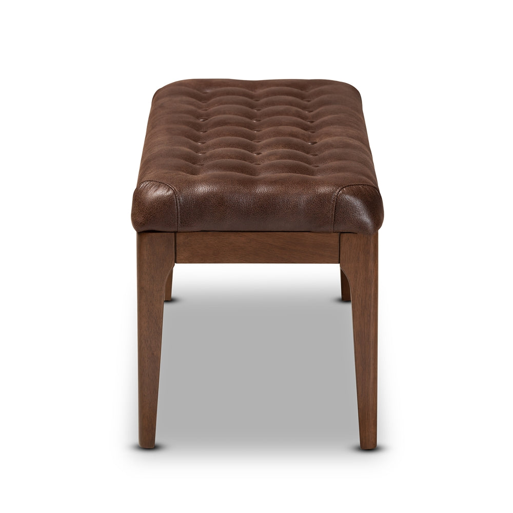 Walsh Mid-Century Modern Dark Brown Leather-Effect Polyester Fabric Upholstered and Walnut Brown Finished Wood Dining Bench