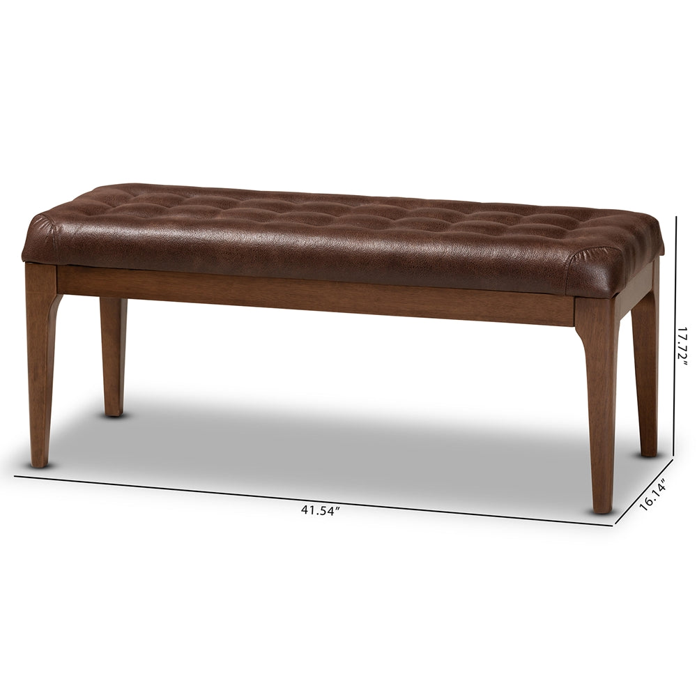 Walsh Mid-Century Modern Dark Brown Leather-Effect Polyester Fabric Upholstered and Walnut Brown Finished Wood Dining Bench