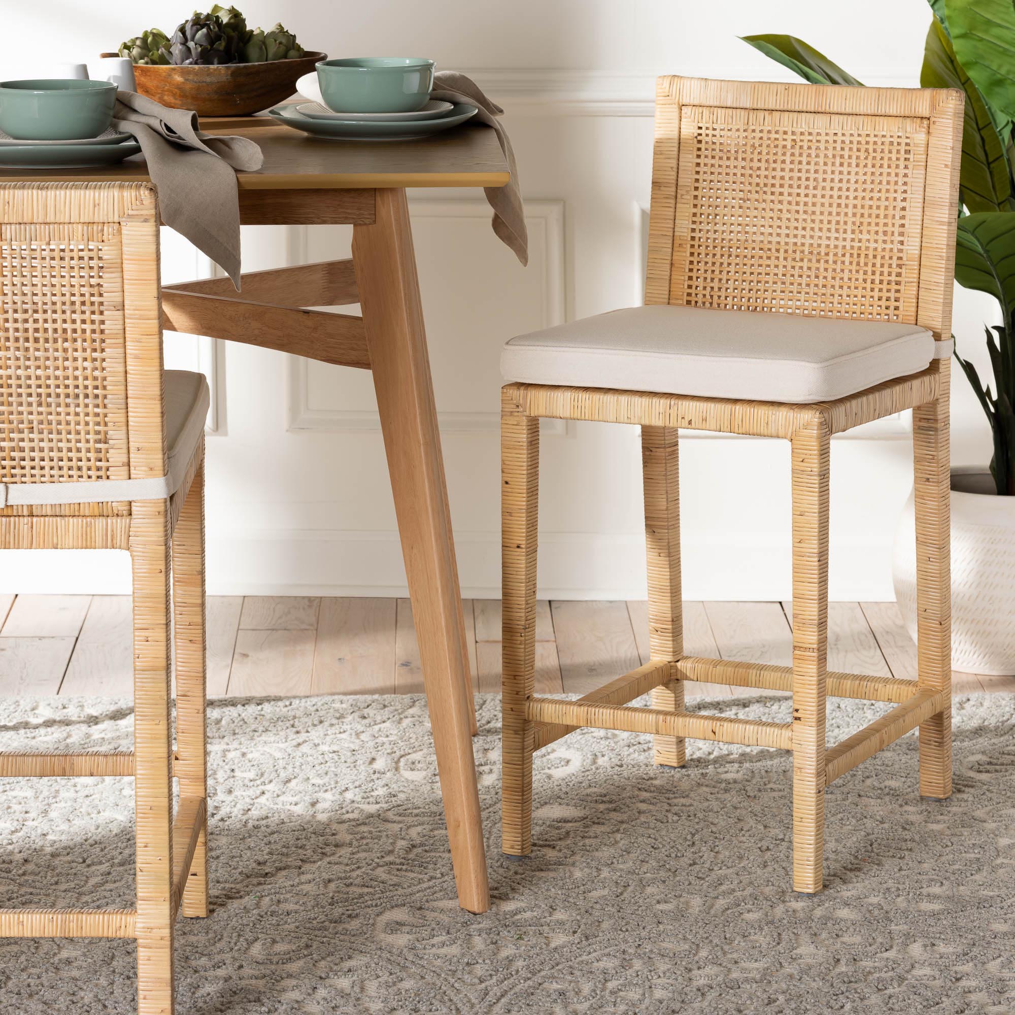 Sofia Modern and Contemporary Natural Finished Wood and Rattan Counter Stool