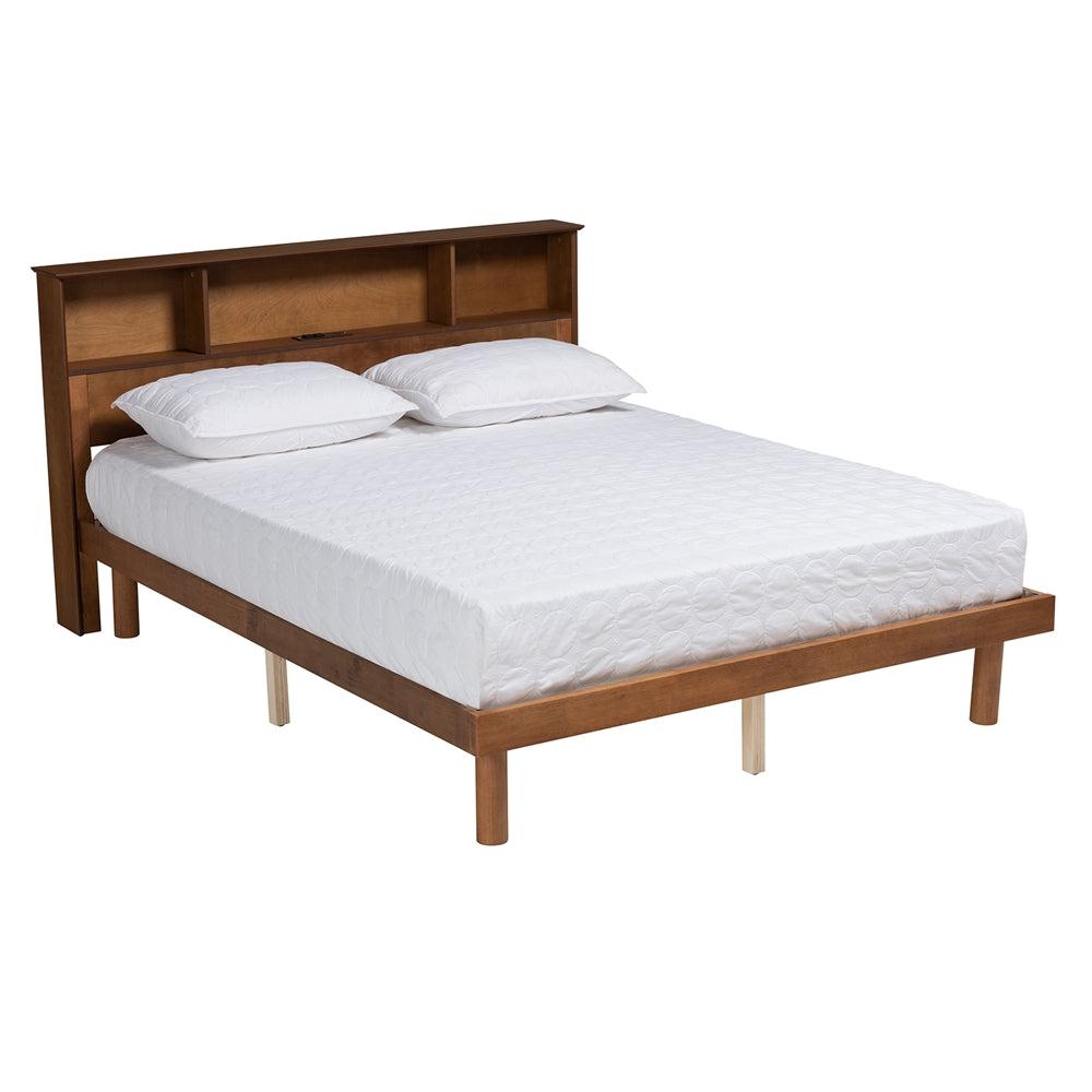 Lochlan Walnut Brown Finished Wood Queen Size Platform Bed With Charging Station