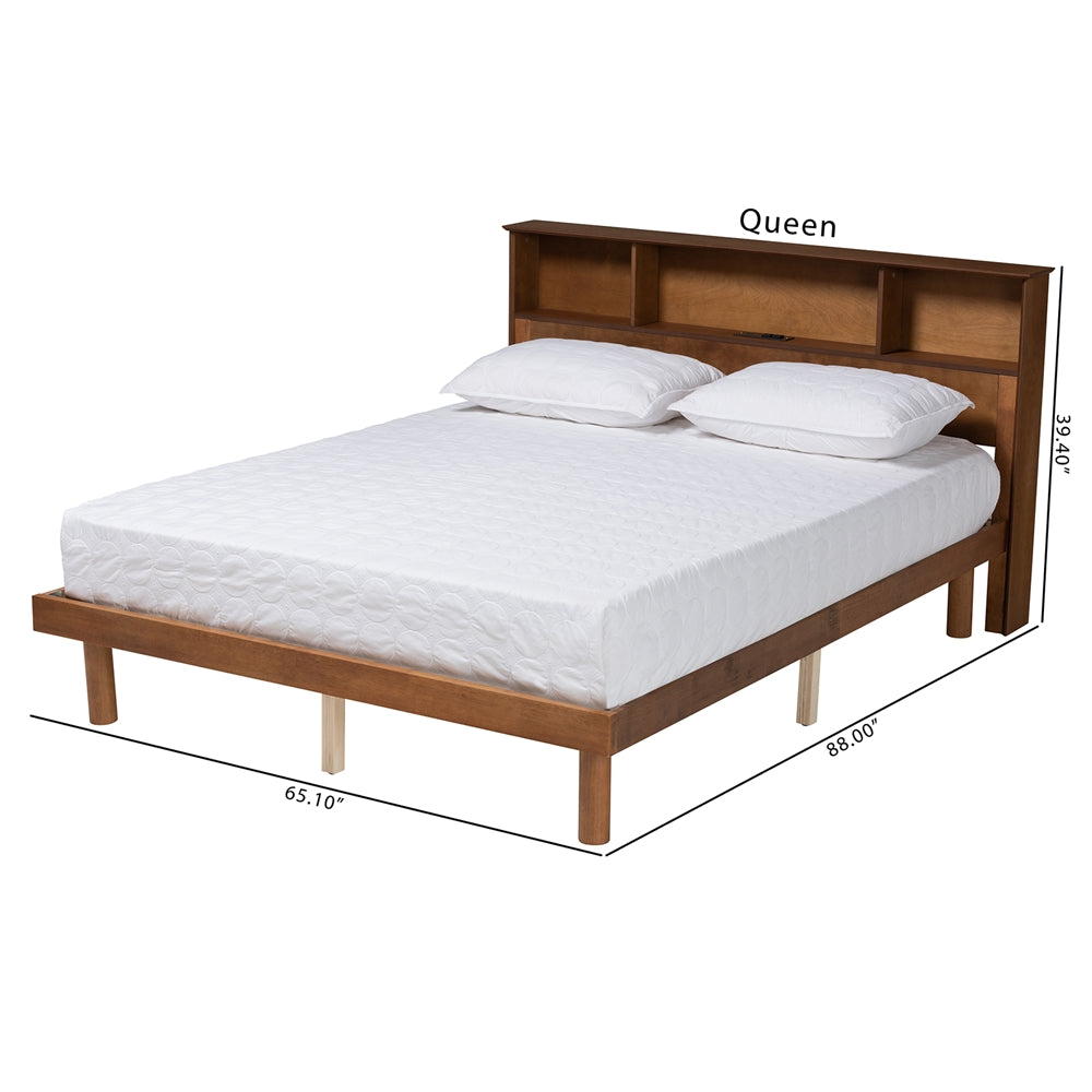 Lochlan Walnut Brown Finished Wood Queen Size Platform Bed With Charging Station