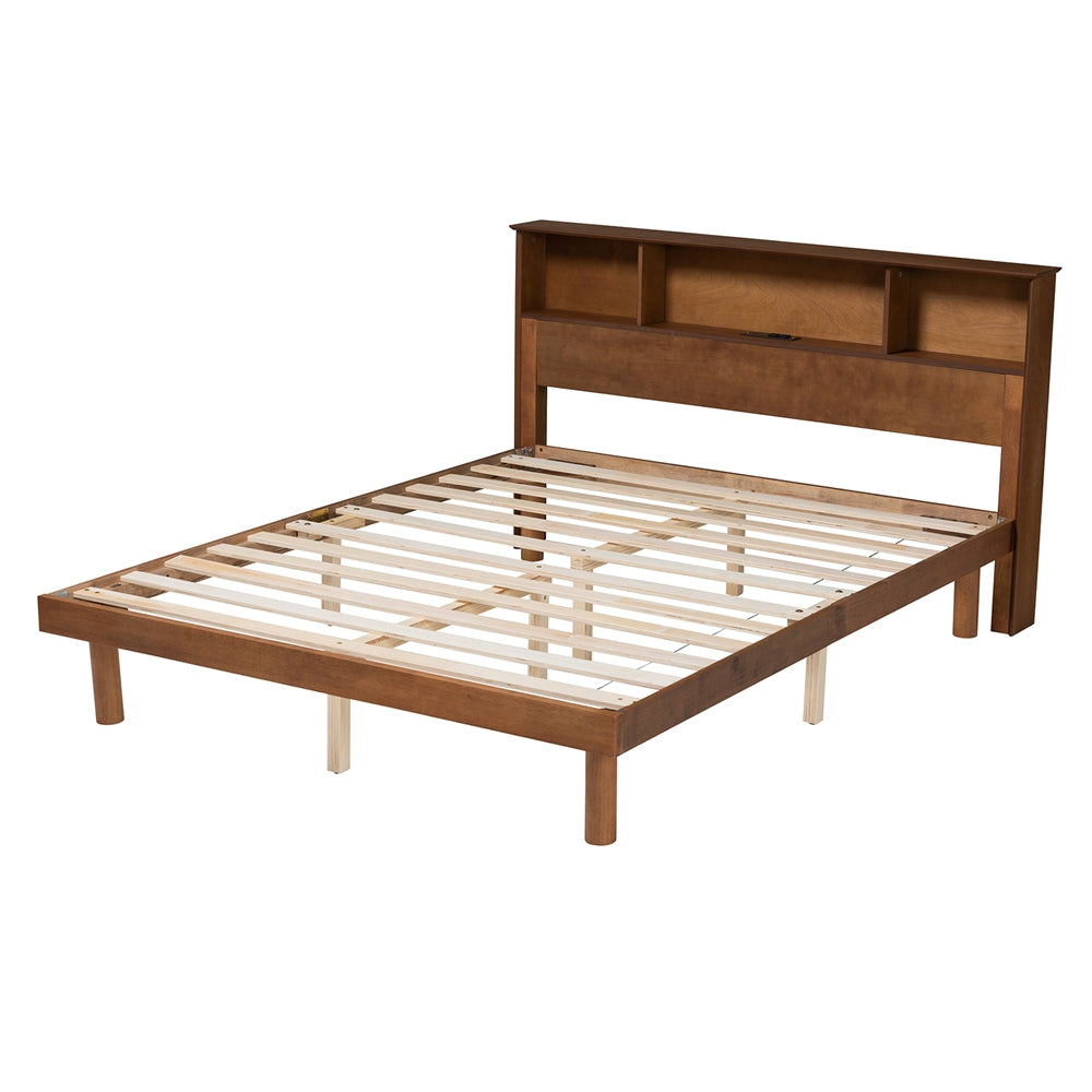 Lochlan Walnut Brown Finished Wood Queen Size Platform Bed With Charging Station