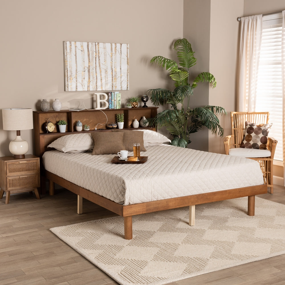 Lochlan Walnut Brown Finished Wood Queen Size Platform Bed With Charging Station