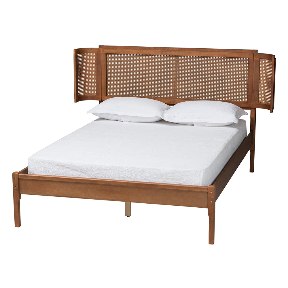 Eridian Mid-Century Modern Walnut Brown Finished Wood And Natural Rattan Full Size Platform Bed