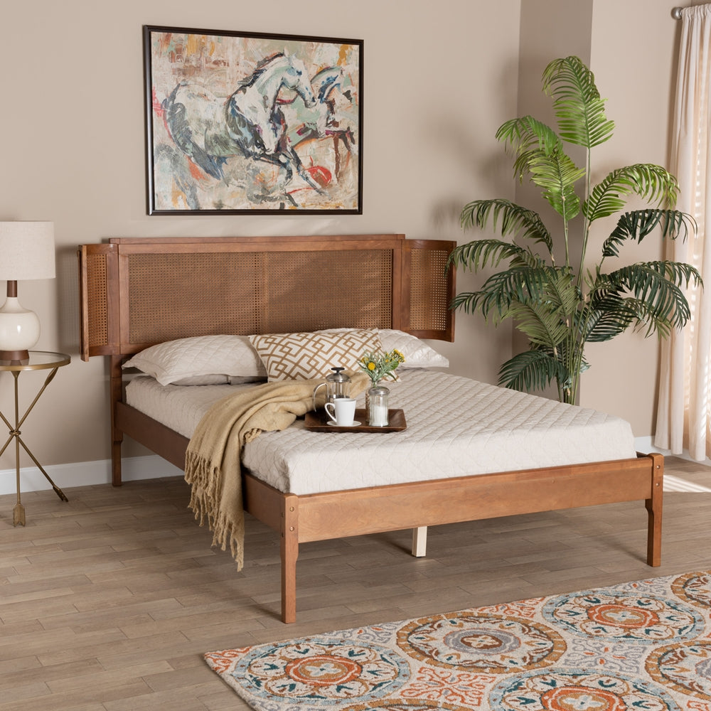 Eridian Mid-Century Modern Walnut Brown Finished Wood And Natural Rattan Queen Size Platform Bed