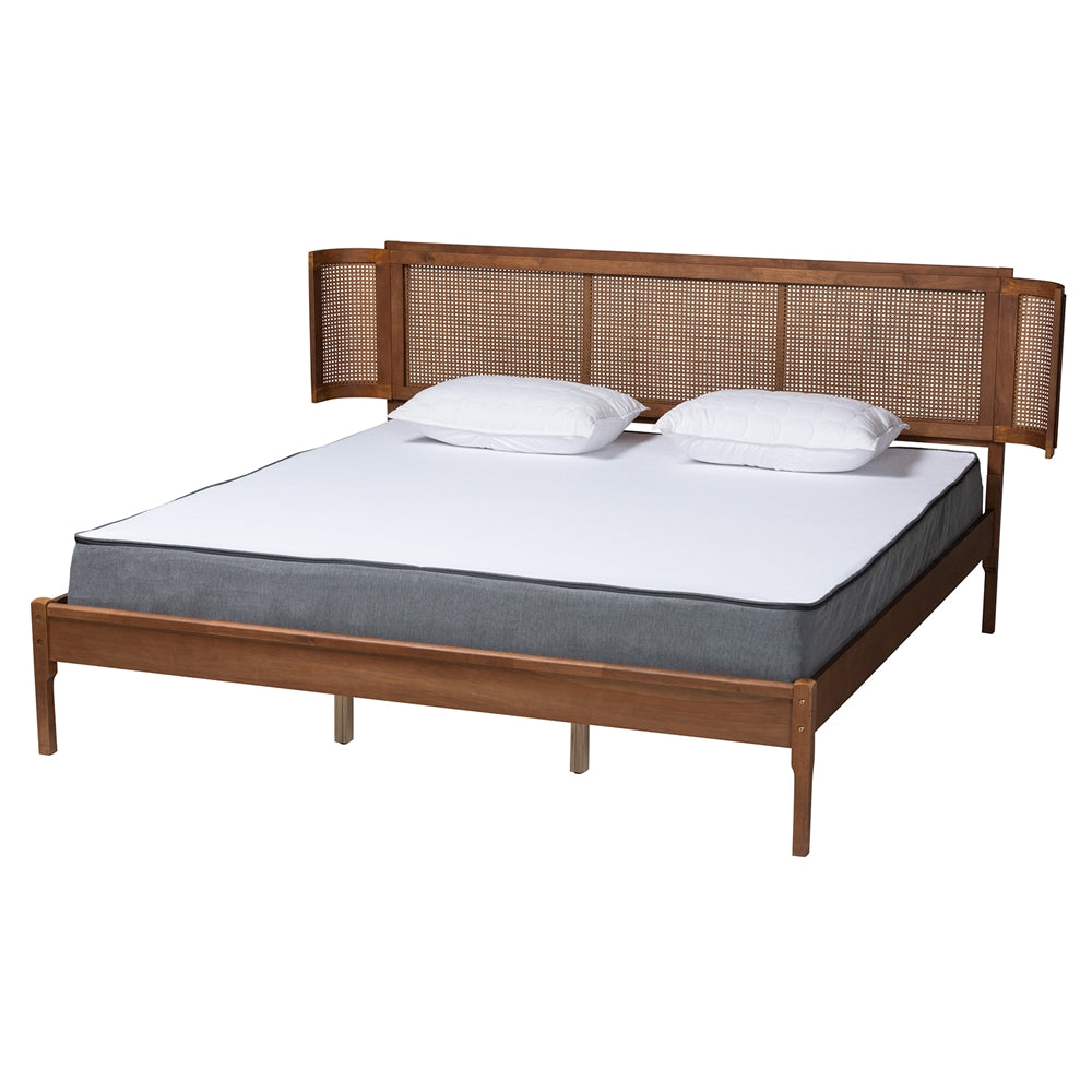 Eridian Mid-Century Modern Walnut Brown Finished Wood And Natural Rattan King Size Platform Bed