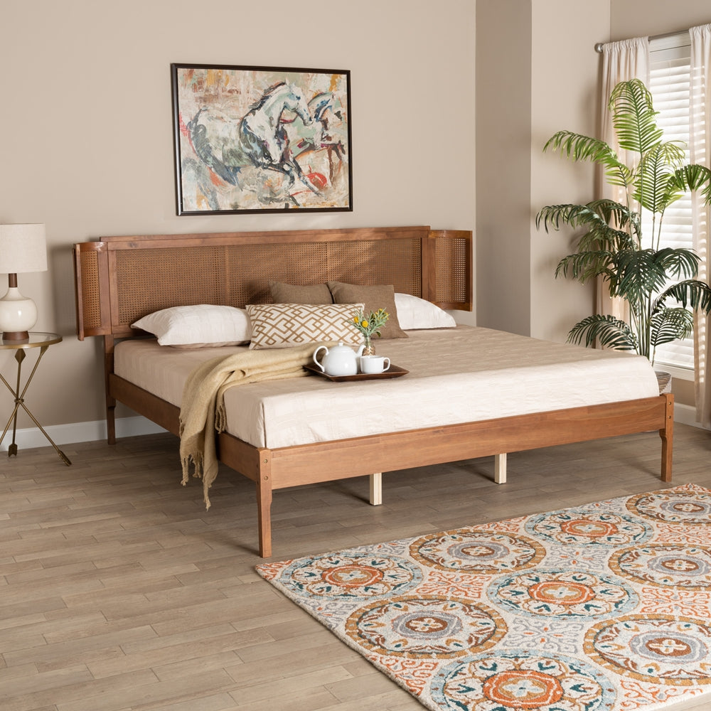 Eridian Mid-Century Modern Walnut Brown Finished Wood And Natural Rattan King Size Platform Bed