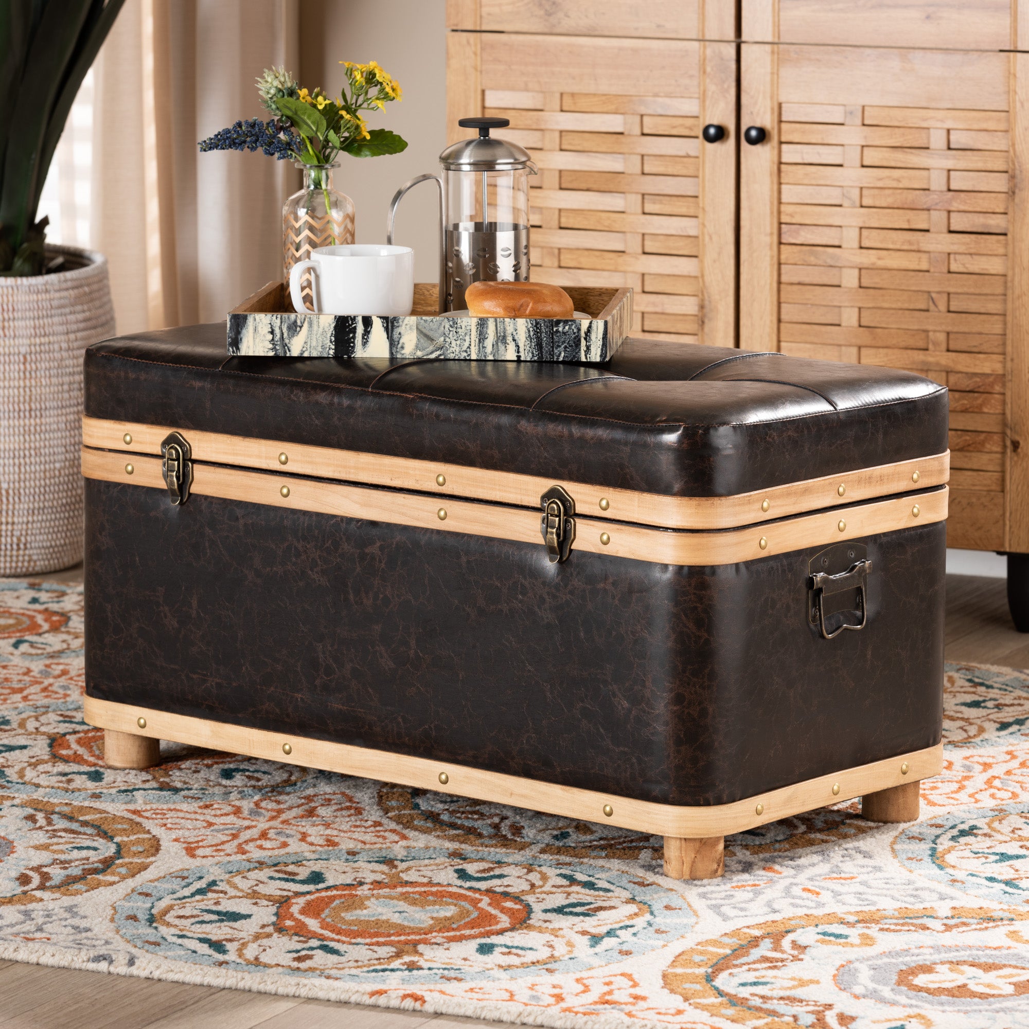 Gendry Modern Rustic Transitional Dark Brown Faux Leather Upholstered and Oak Brown Finished Wood Large Storage Ottoman