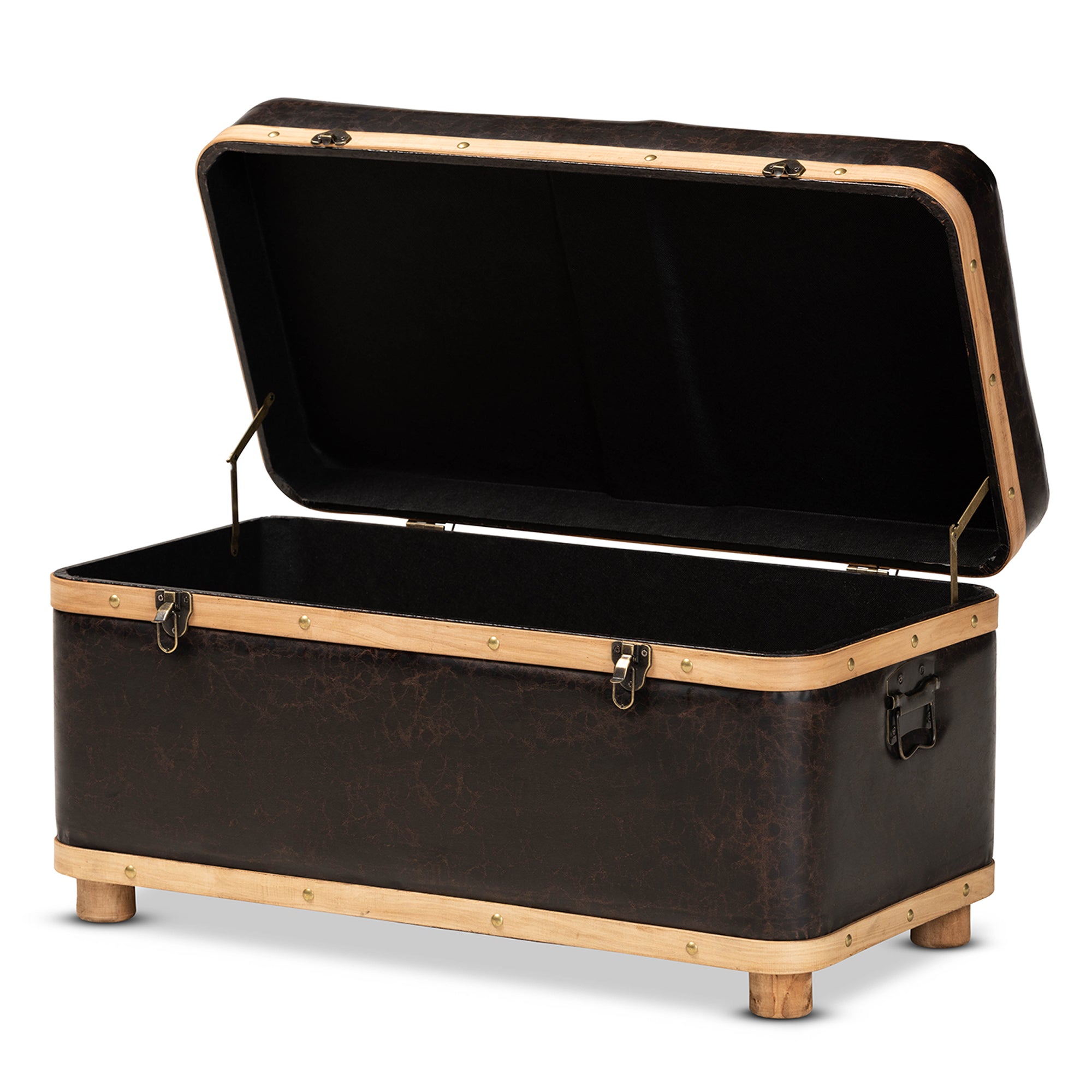 Gendry Modern Rustic Transitional Dark Brown Faux Leather Upholstered and Oak Brown Finished Wood Large Storage Ottoman