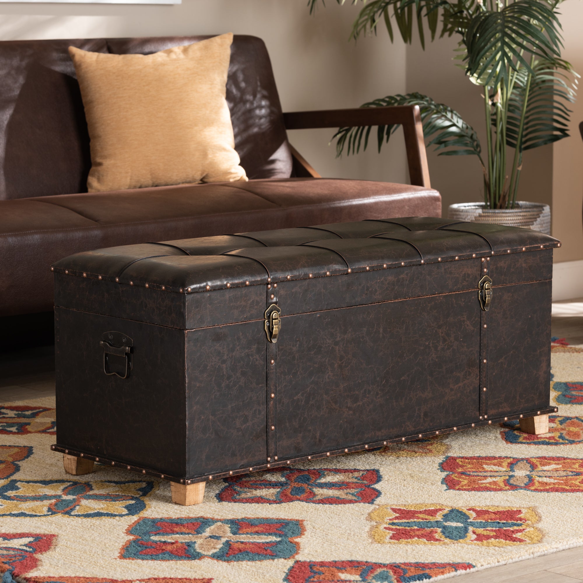 Janna Rustic Transitional Dark Brown Faux Leather Upholstered and Oak Brown Finished Wood Storage Ottoman