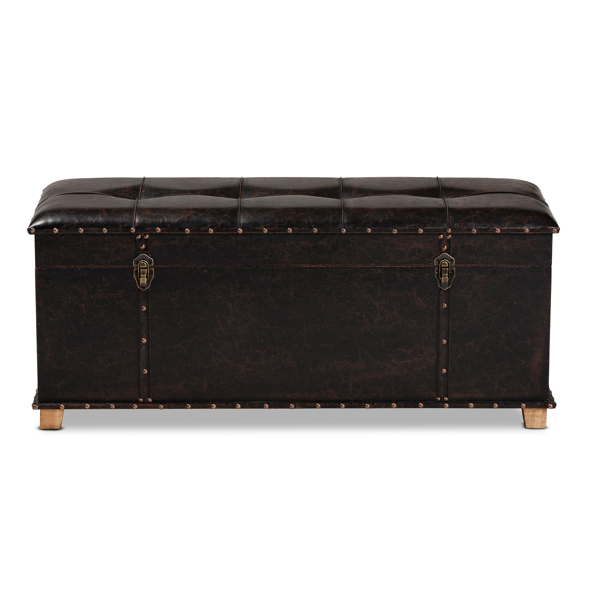 Janna Rustic Transitional Dark Brown Faux Leather Upholstered and Oak Brown Finished Wood Storage Ottoman