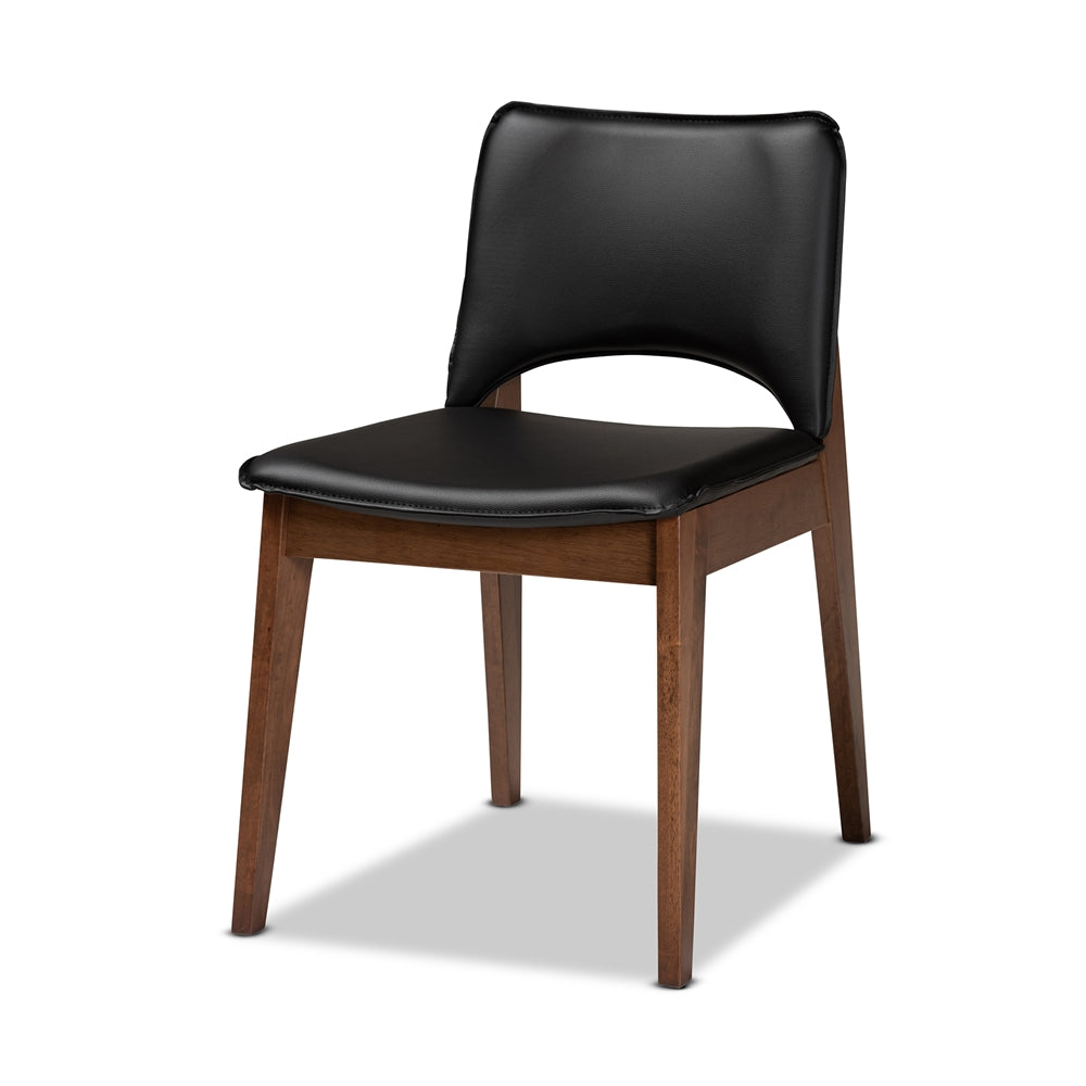 Afton Mid-Century Modern Black Faux Leather Upholstered and Walnut Brown Finished Wood 7-Piece Dining Set
