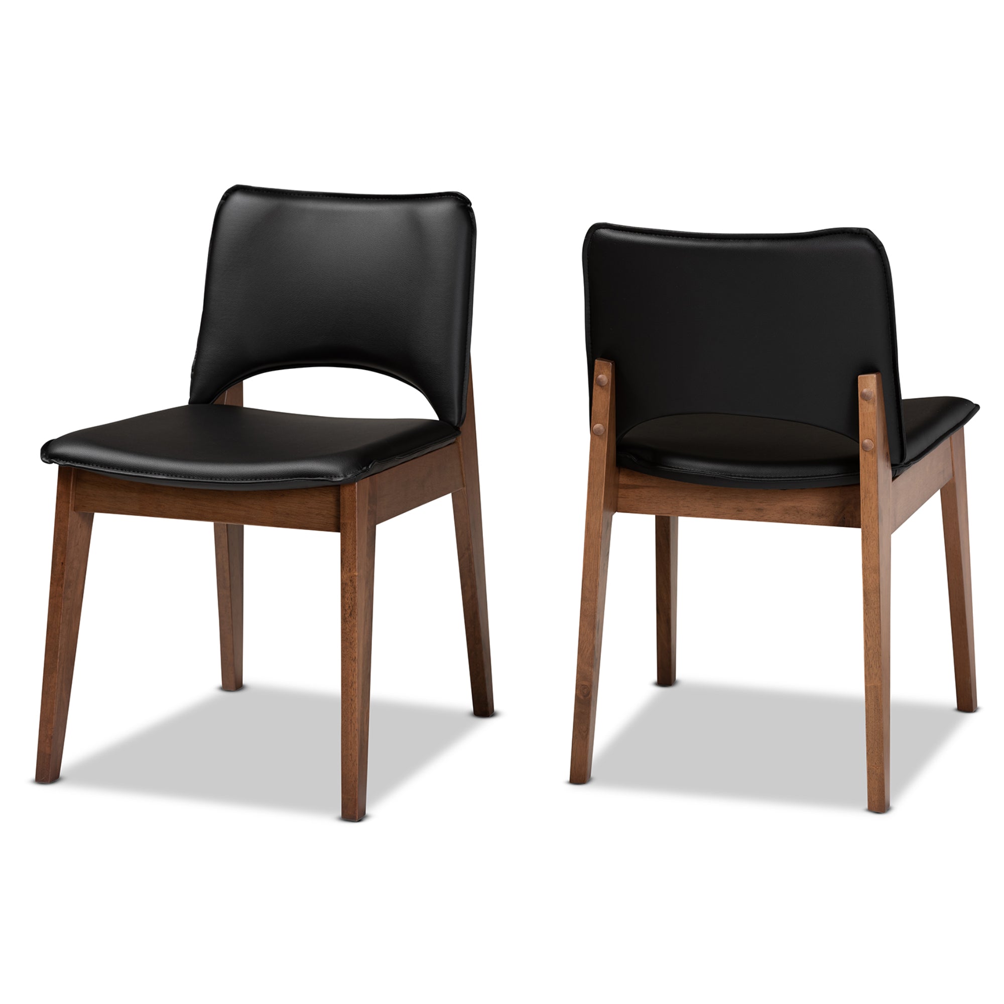Afton Mid-Century Modern Black Faux Leather Upholstered and Walnut Brown Finished Wood 2-Piece Dining Chair Set