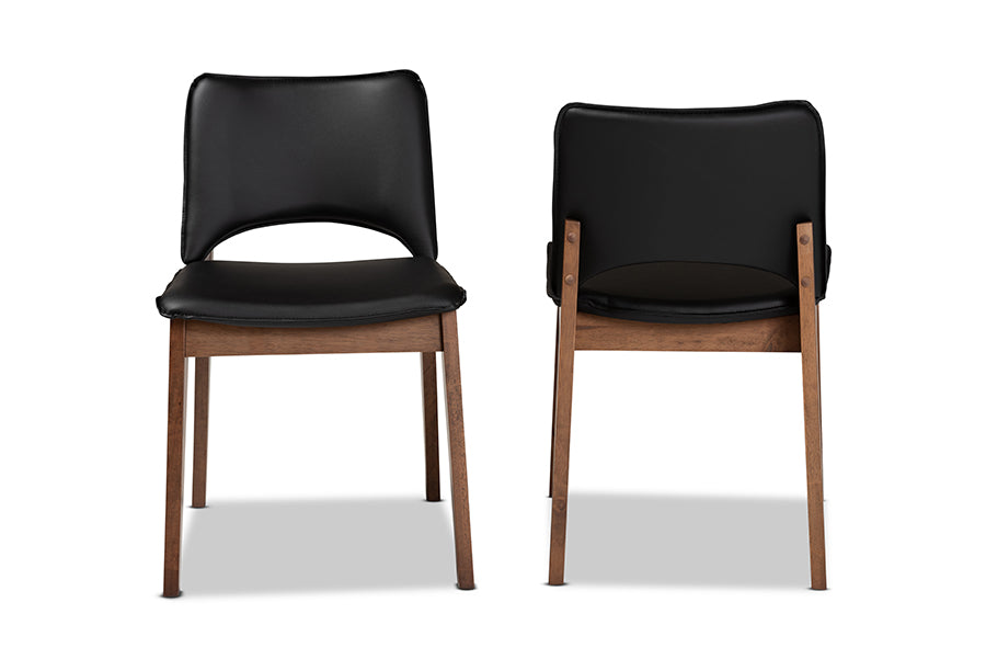 Afton Mid-Century Modern Black Faux Leather Upholstered and Walnut Brown Finished Wood 2-Piece Dining Chair Set