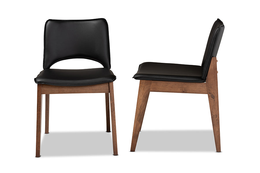 Afton Mid-Century Modern Black Faux Leather Upholstered and Walnut Brown Finished Wood 2-Piece Dining Chair Set