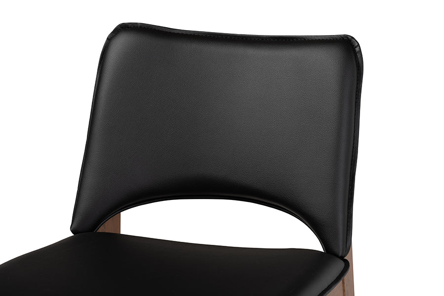 Afton Mid-Century Modern Black Faux Leather Upholstered and Walnut Brown Finished Wood 2-Piece Dining Chair Set