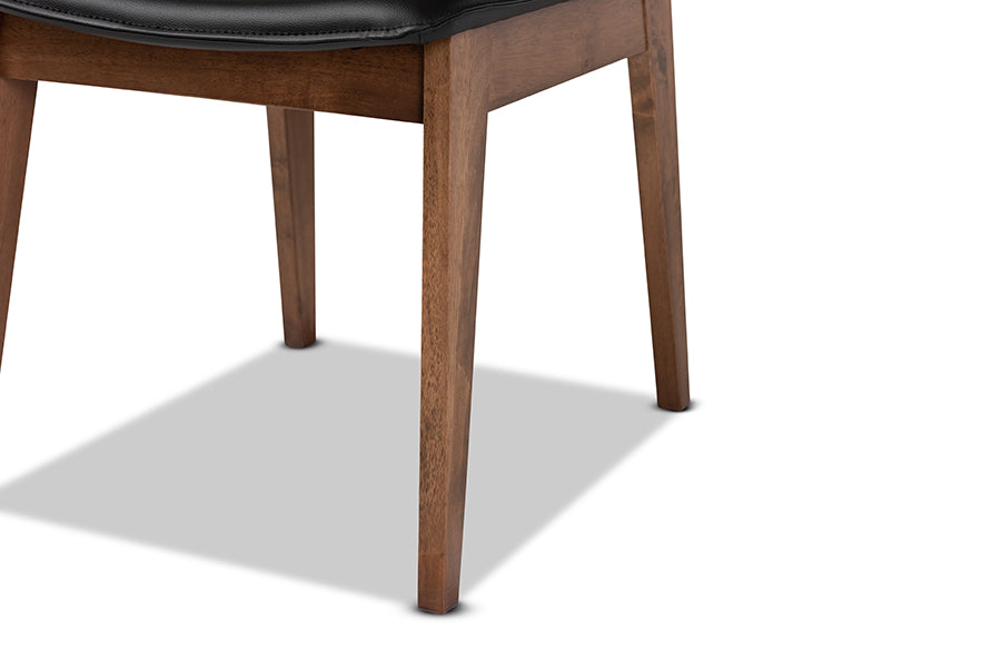 Afton Mid-Century Modern Black Faux Leather Upholstered and Walnut Brown Finished Wood 2-Piece Dining Chair Set