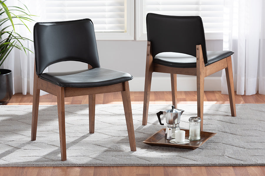 Afton Mid-Century Modern Black Faux Leather Upholstered and Walnut Brown Finished Wood 2-Piece Dining Chair Set