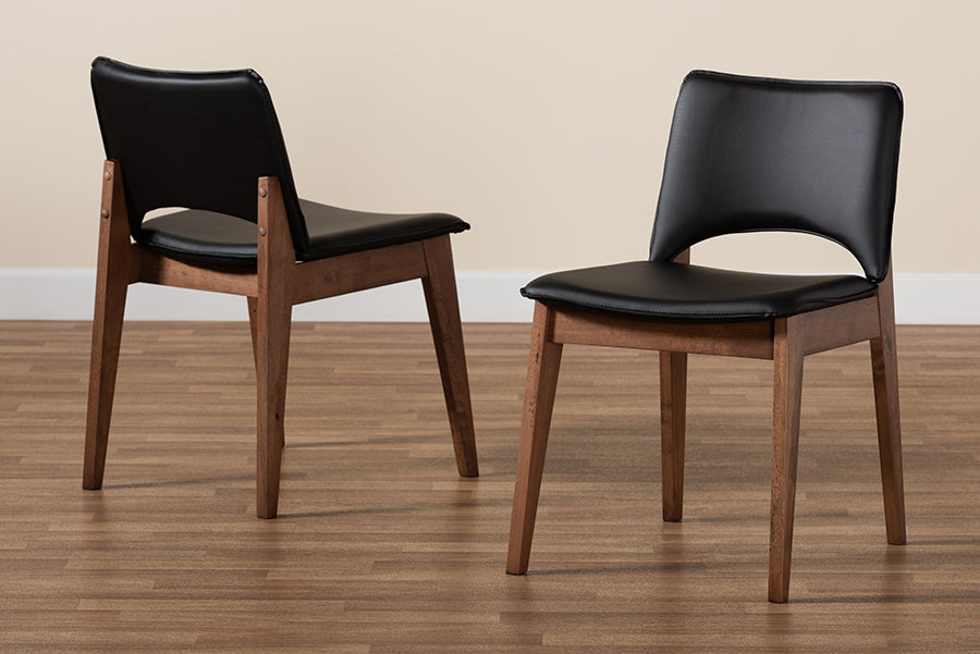 Afton Mid-Century Modern Black Faux Leather Upholstered and Walnut Brown Finished Wood 2-Piece Dining Chair Set