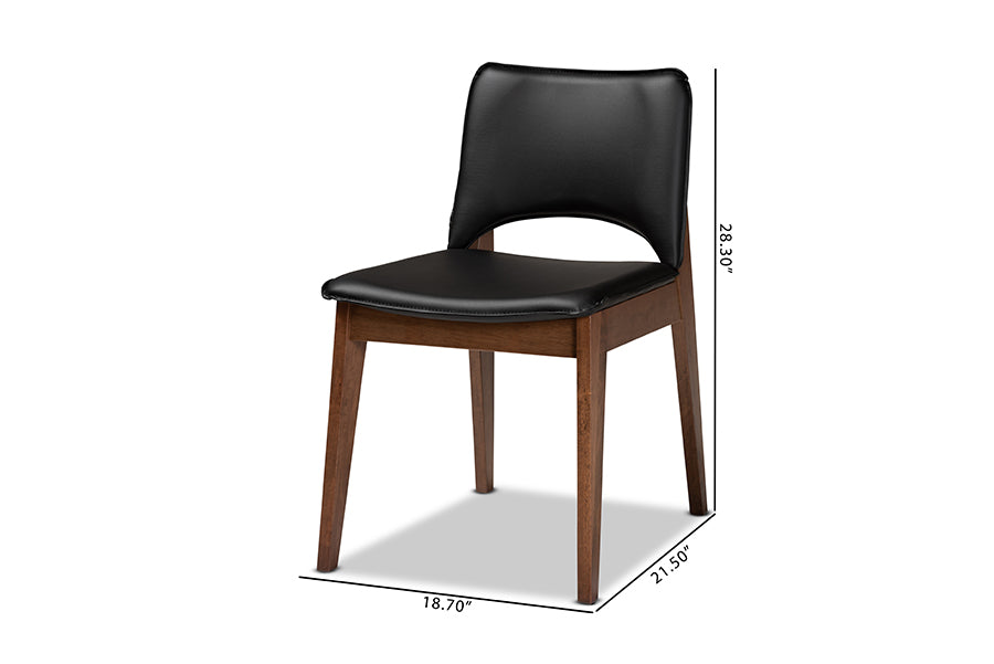 Afton Mid-Century Modern Black Faux Leather Upholstered and Walnut Brown Finished Wood 2-Piece Dining Chair Set